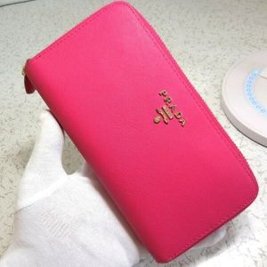 Prada Pink Saffiano Zip Around Wallet